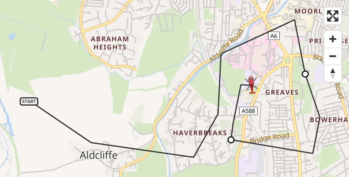 Flight route Air Ambulance Helicopter Aldcliffe - Aldcliffe, 23 July 2026, 17:49