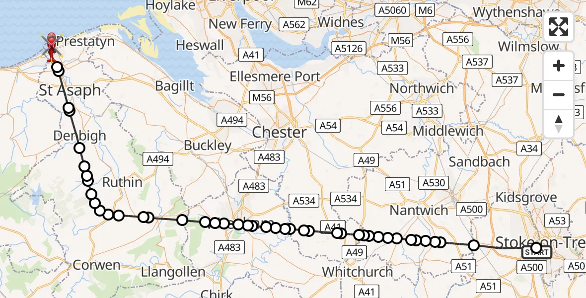 Flight route Air Ambulance Helicopter University Hospital North Staffs - Rhyl, 23 July 2026, 17:51