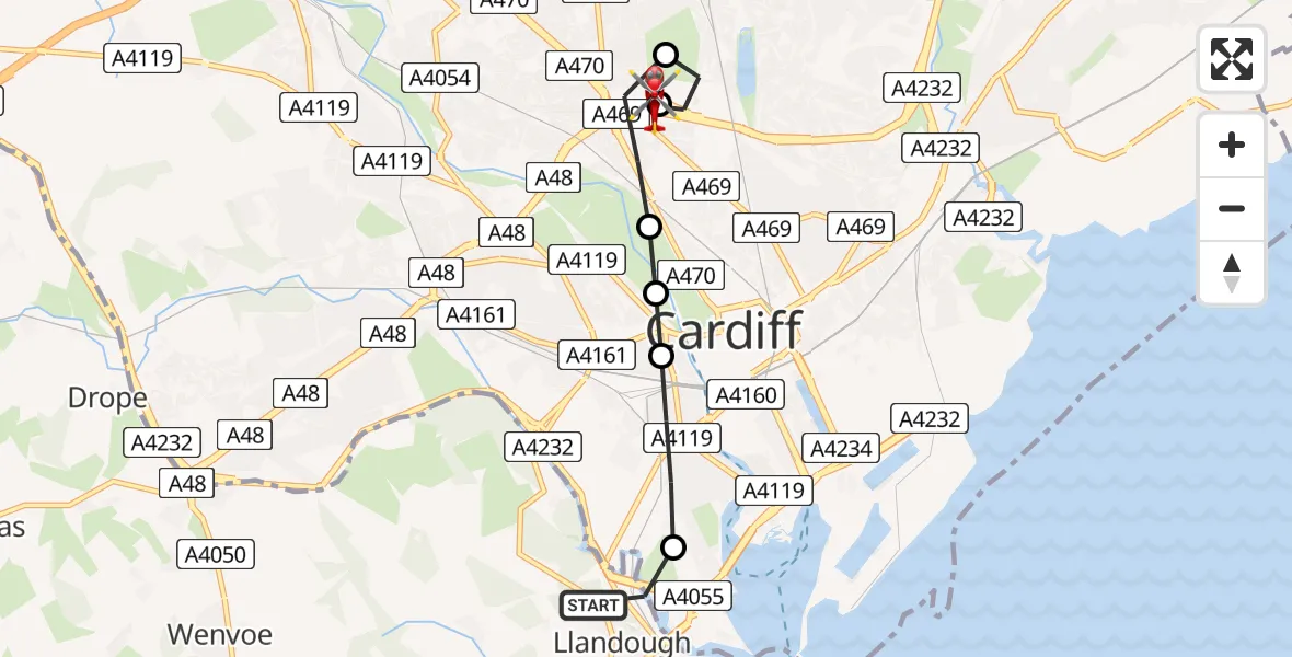 Flight route Air Ambulance Helicopter Llandough - Gabalfa, 23 July 2026, 18:10