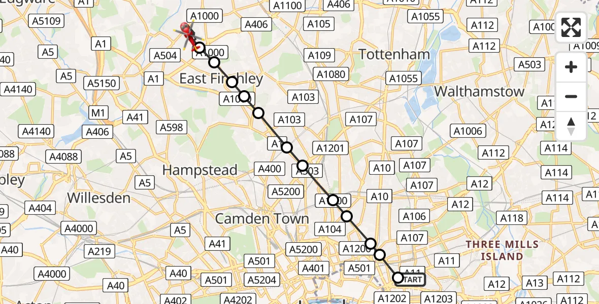 Flight route Air Ambulance Helicopter Royal London Hospital - Fallow Corner, 23 July 2026, 18:16