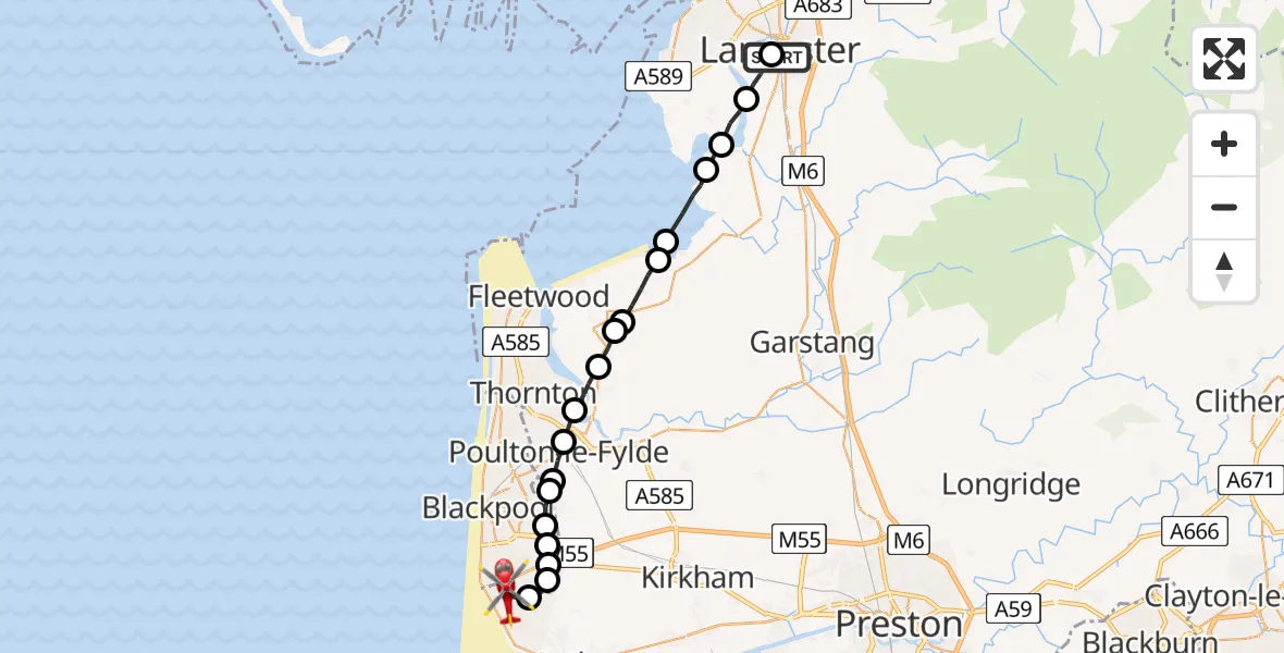 Flight route Air Ambulance Helicopter Lancaster General - Blackpool Airport, 23 July 2026, 18:18