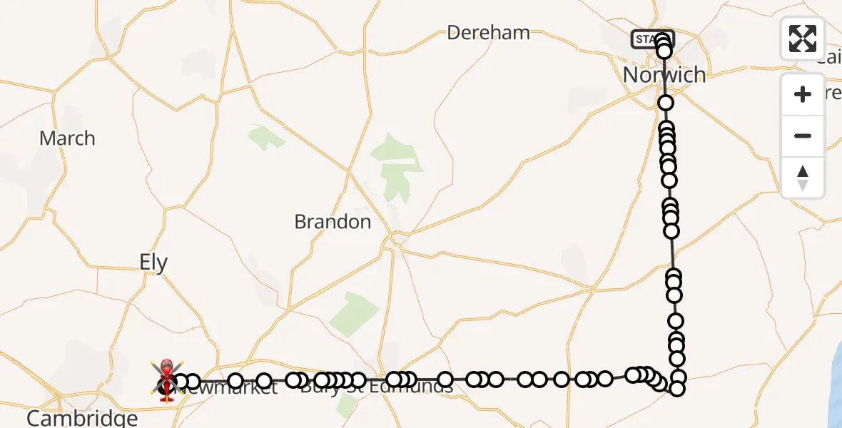 Flight route Air Ambulance Helicopter Norwich Airport - Swaffham Prior, 23 July 2026, 18:22
