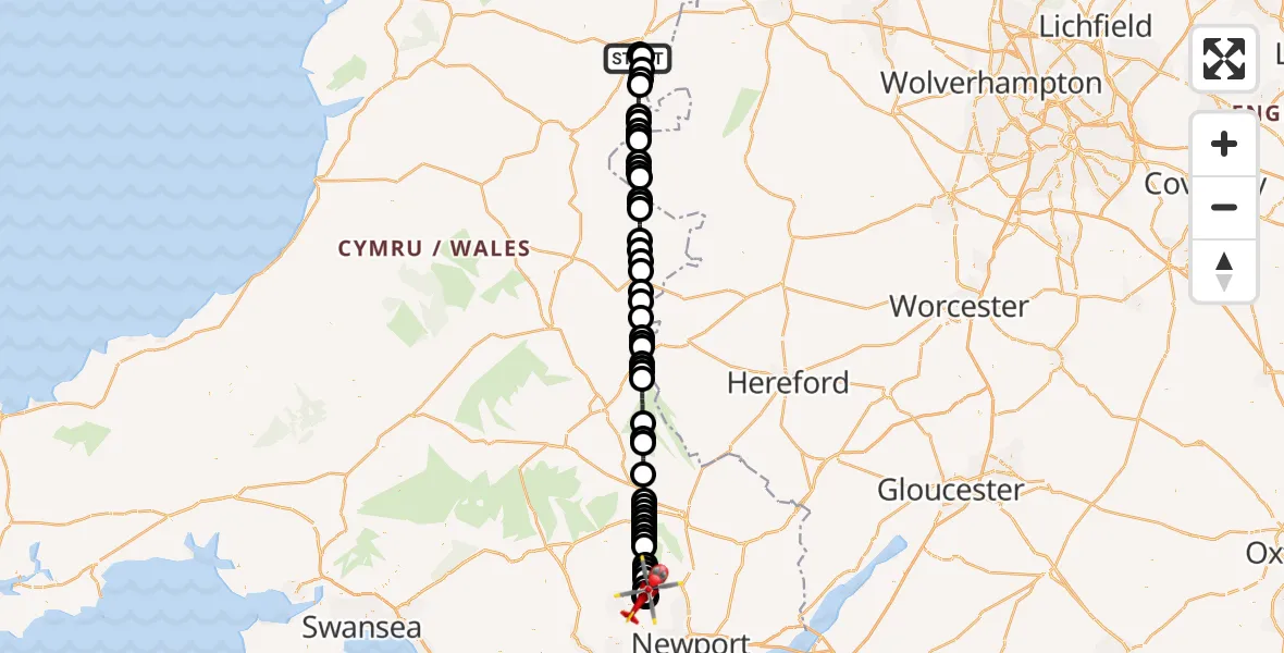 Flight route Air Ambulance Helicopter Welshpool Airport - Hafodyrynys, 23 July 2026, 18:28