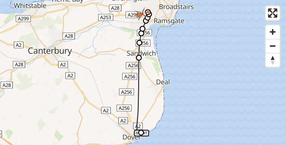 Flight route Coastguard Helicopter Langdon Battery Heliport - Manston Airport, 23 July 2026, 18:29