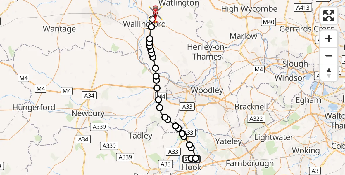 Flight route Air Ambulance Helicopter Mattingley - RAF Benson, 23 July 2026, 18:33