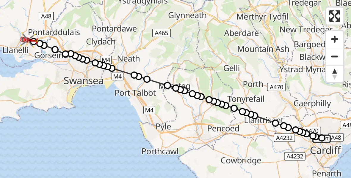 Flight route Air Ambulance Helicopter Birchgrove - Dafen, 23 July 2026, 18:36