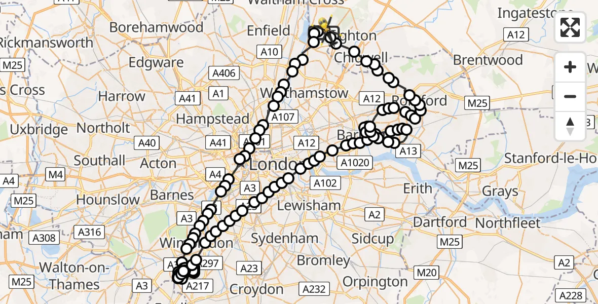 Flight route Police Helicopter Metropolitan Police Air Support Unit Lippitts Hill - Sewardstonebury, 23 July 2026, 18:44