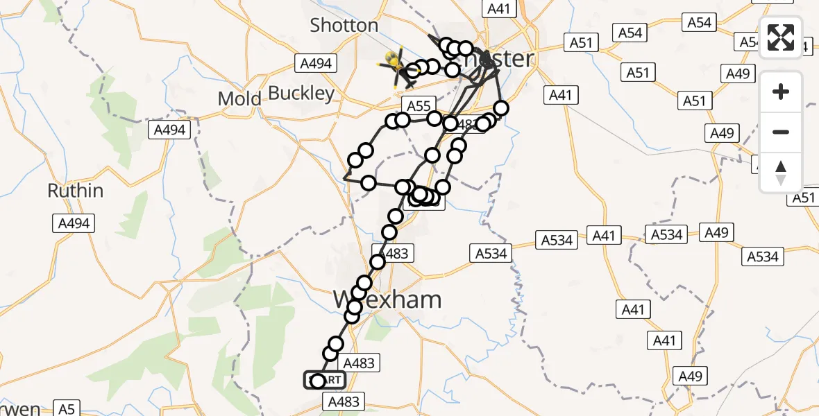 Flight route Police Helicopter Rhosllanerchrugog - Broughton and Bretton, 23 July 2026, 18:45