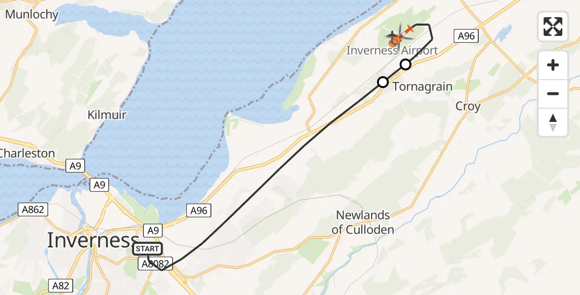 Flight route Coastguard Helicopter Inverness - Inverness Airport, 23 July 2026, 18:54