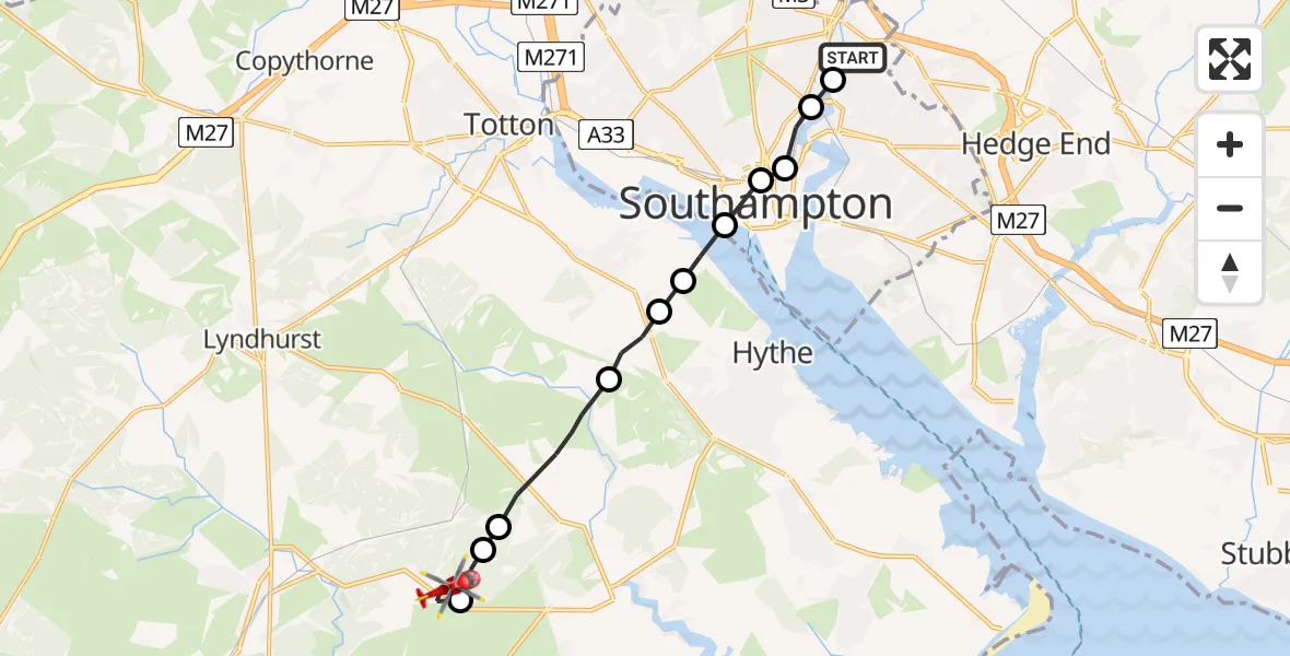 Flight route Air Ambulance Helicopter Mansbridge - East Boldre, 23 July 2026, 19:05