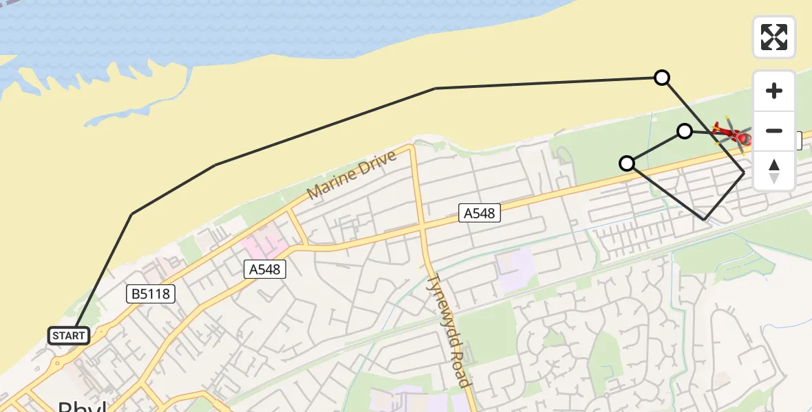 Flight route Air Ambulance Helicopter Rhyl - St Asaph, 23 July 2026, 19:13
