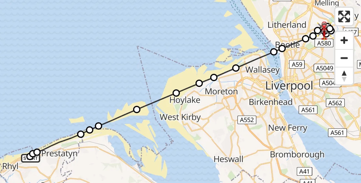 Flight route Air Ambulance Helicopter Rhyl - Aintree University Hospital Heliport, 23 July 2026, 19:18