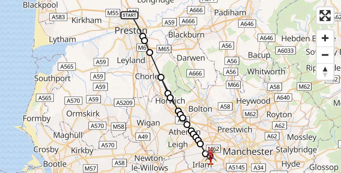 Flight route Air Ambulance Helicopter Preston - Irlam, 23 July 2026, 19:23