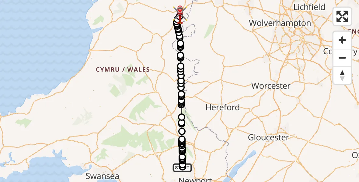 Flight route Air Ambulance Helicopter Newbridge - Welshpool Airport, 23 July 2026, 19:24