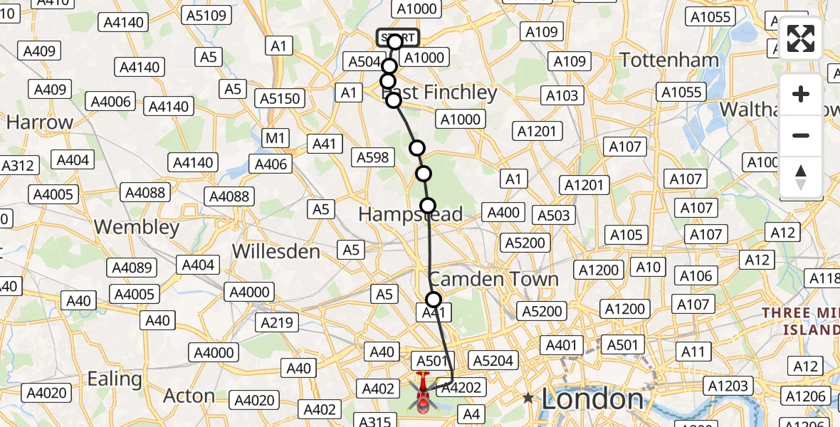 Flight route Air Ambulance Helicopter Fallow Corner - City of Westminster, 23 July 2026, 19:33