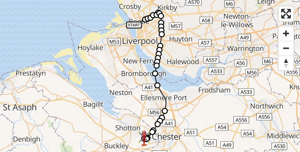 Flight route Air Ambulance Helicopter Bootle - Hawarden Airport, 23 July 2026, 19:35