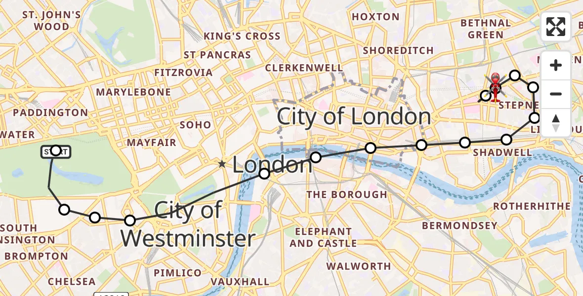 Flight route Air Ambulance Helicopter City of Westminster - Stepney, 23 July 2026, 19:41