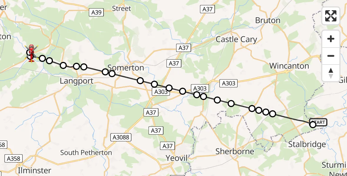 Flight route Air Ambulance Helicopter Henstridge Airfield - Burrowbridge, 23 July 2026, 20:01
