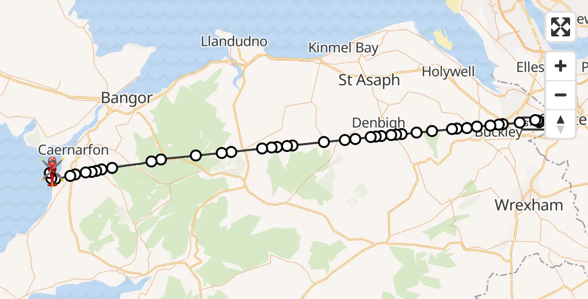 Flight route Air Ambulance Helicopter Hawarden Airport - Caernarfon Airport, 23 July 2026, 20:11