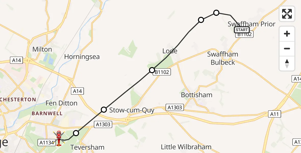 Flight route Air Ambulance Helicopter Swaffham Prior - Cambridge City Airport, 23 July 2026, 20:11