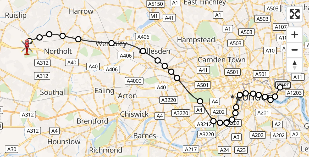 Flight route Air Ambulance Helicopter Royal London Hospital - RAF Northolt, 23 July 2026, 20:21