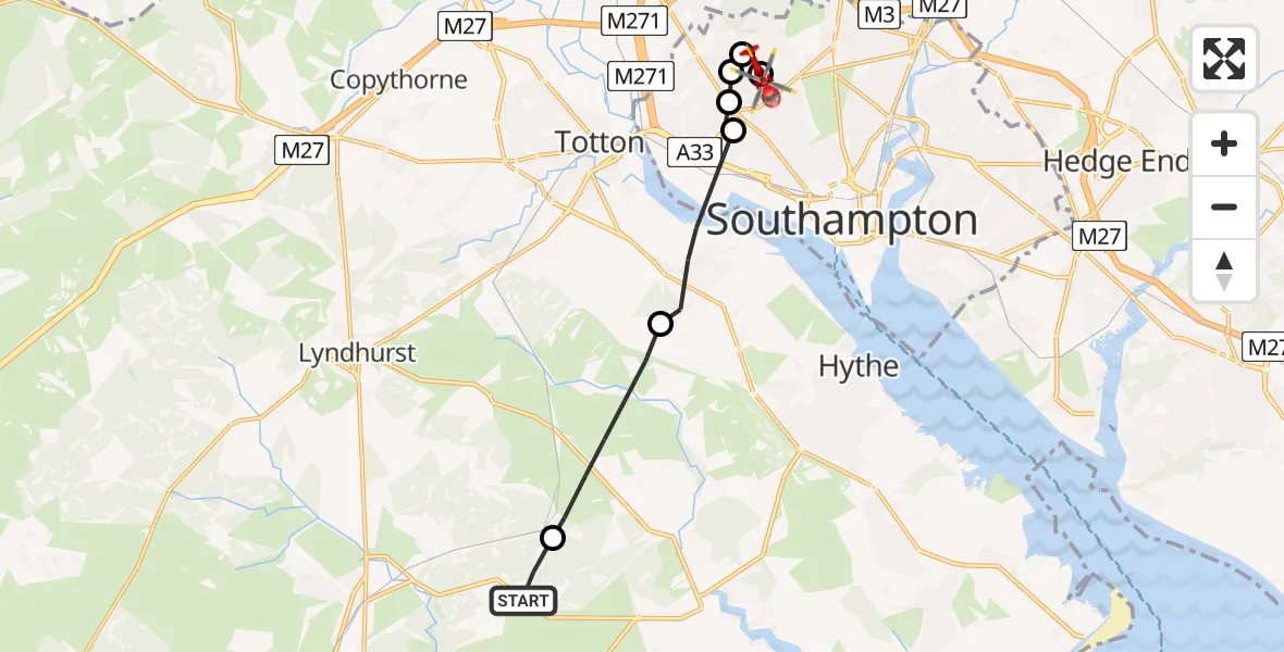 Flight route Air Ambulance Helicopter East Boldre - University Hospital Southampton, 23 July 2026, 20:26