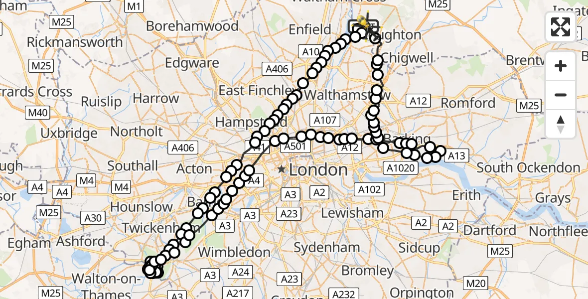 Flight route Police Helicopter Sewardstonebury - Metropolitan Police Air Support Unit Lippitts Hill, 23 July 2026, 20:27