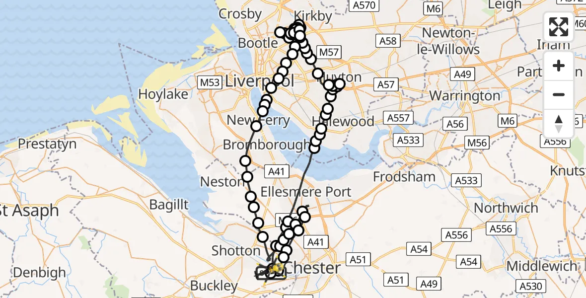 Flight route Police Helicopter Hawarden Airport - Hawarden Airport, 23 July 2026, 20:34