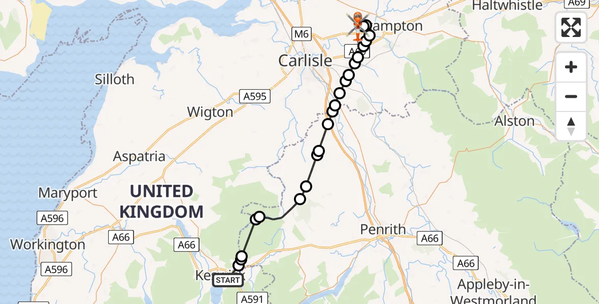 Flight route Coastguard Helicopter Keswick - Carlisle Lake District Airport, 23 July 2026, 21:02