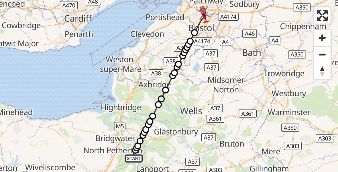 Flight route Air Ambulance Helicopter Burrowbridge - Bristol, 23 July 2026, 21:17