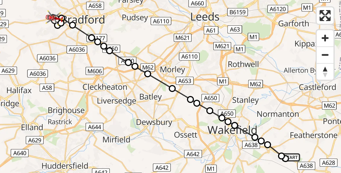 Flight route Air Ambulance Helicopter YAA Nostell Helicopter Port - Scholemoor, 23 July 2026, 21:19