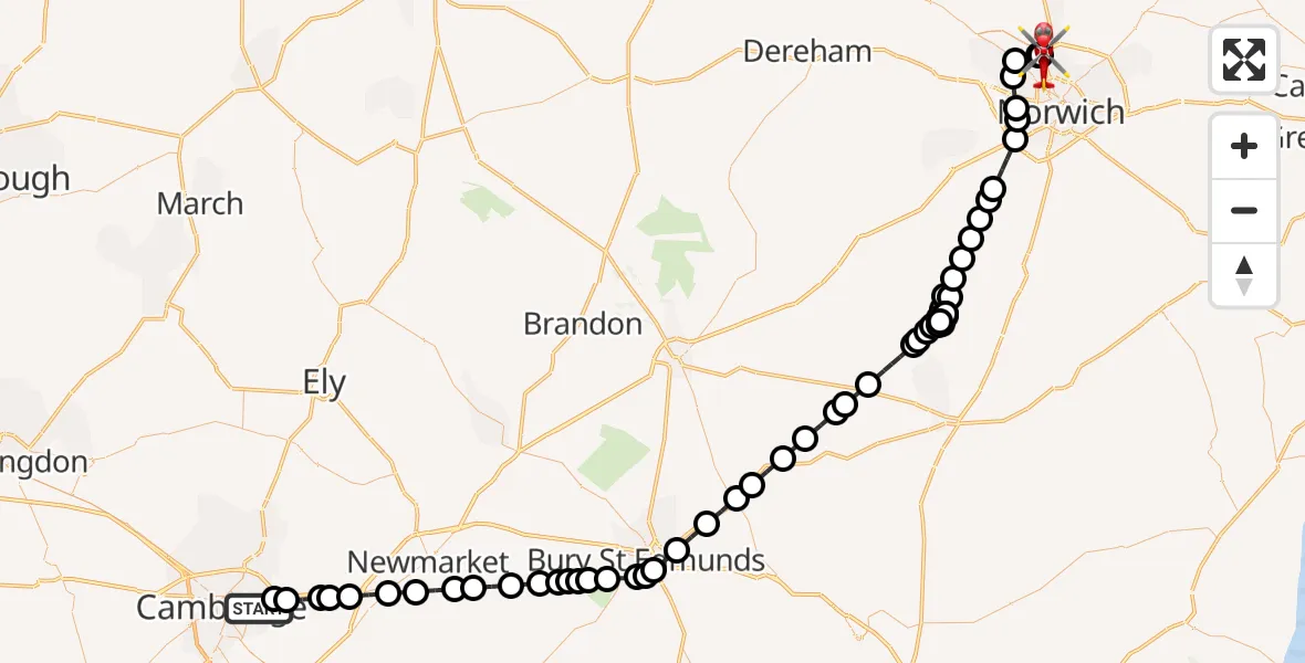Flight route Air Ambulance Helicopter Cambridge City Airport - Norwich Airport, 23 July 2026, 21:19