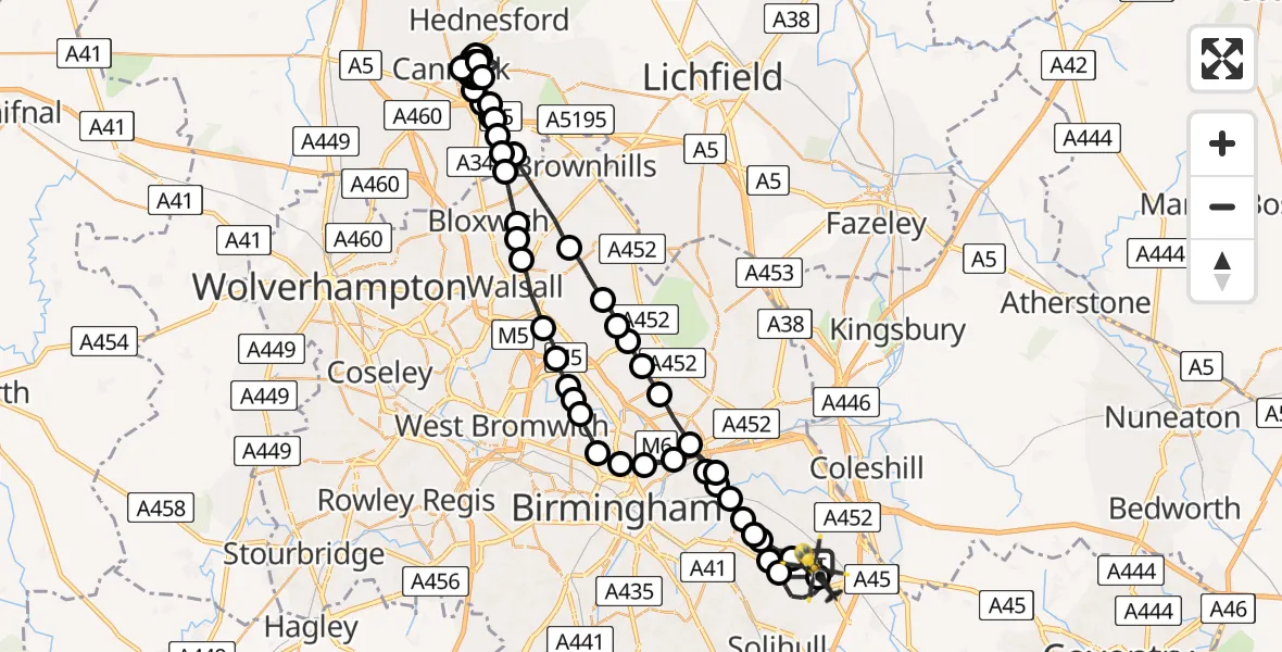 Flight route Police Helicopter Birmingham Airport - Birmingham Airport, 23 July 2026, 21:23