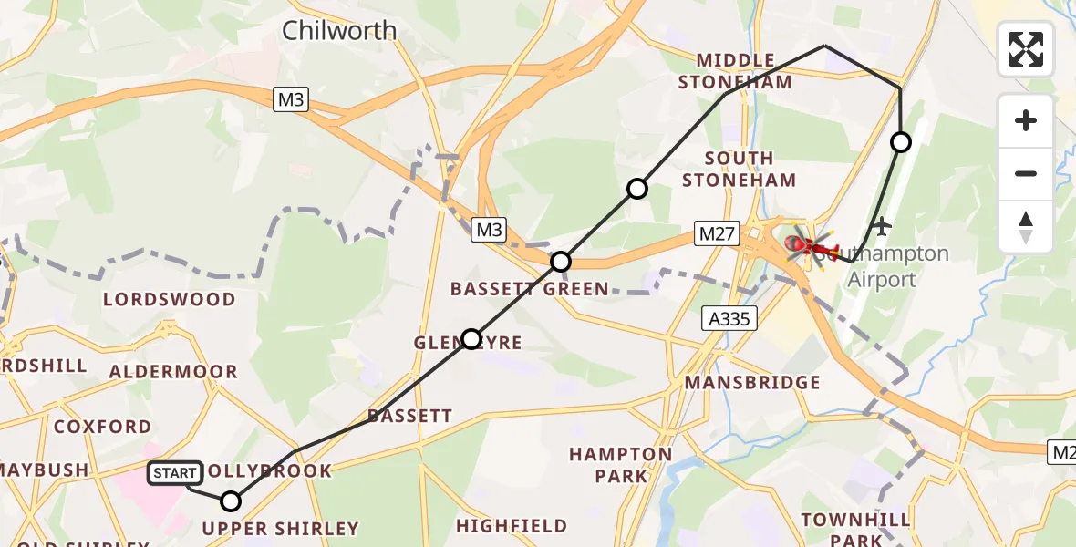Flight route Air Ambulance Helicopter University Hospital Southampton - Eastleigh, 23 July 2026, 21:28