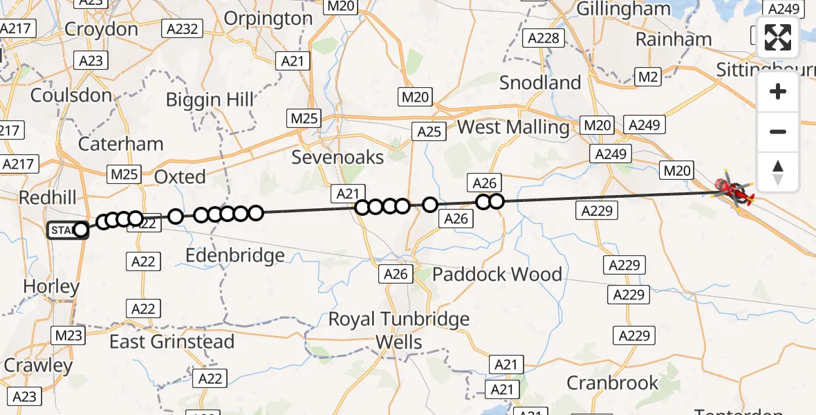 Flight route Air Ambulance Helicopter Redhill Aerodrome - Maidstone, 23 July 2026, 21:39