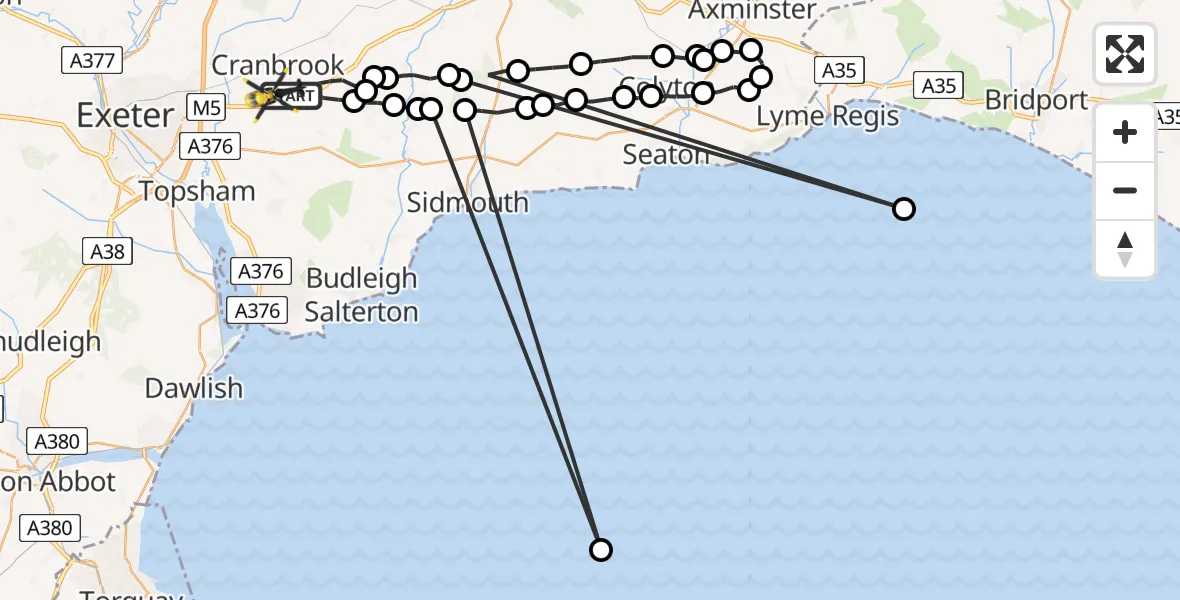 Flight route Police Helicopter Rockbeare - Exeter International Airport, 23 July 2026, 21:53