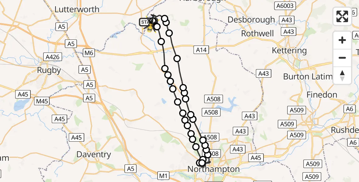 Flight route Police Helicopter Husbands Bosworth Airfield - Harborough, 23 July 2026, 22:15