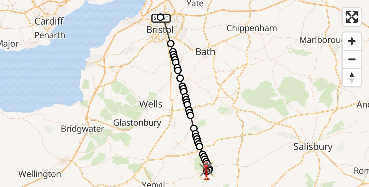 Flight route Air Ambulance Helicopter Southmead Hospital - Henstridge Airfield, 23 July 2026, 22:16