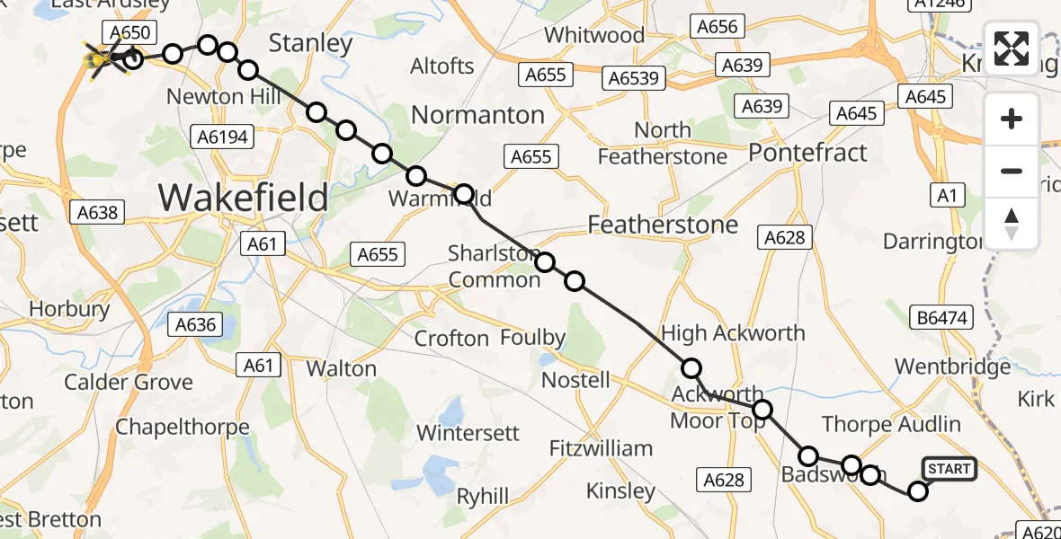Flight route Police Helicopter Walton Wood Airfield - East Ardsley, 23 July 2026, 22:27