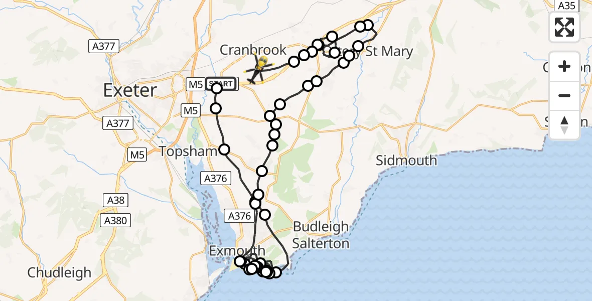 Flight route Police Helicopter Exeter International Airport - Rockbeare, 23 July 2026, 22:34