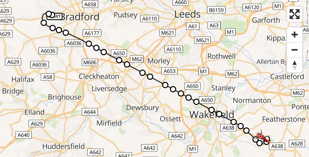 Flight route Air Ambulance Helicopter Scholemoor - YAA Nostell Helicopter Port, 23 July 2026, 22:37