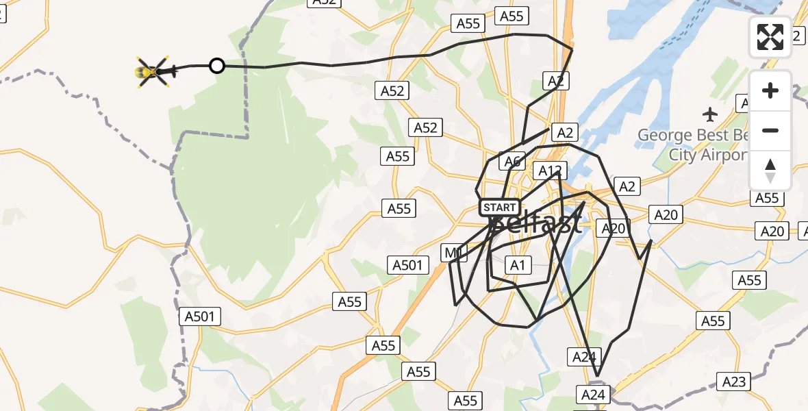 Flight route Police Helicopter Belfast City District - Antrim and Newtownabbey District, 23 July 2026, 22:38
