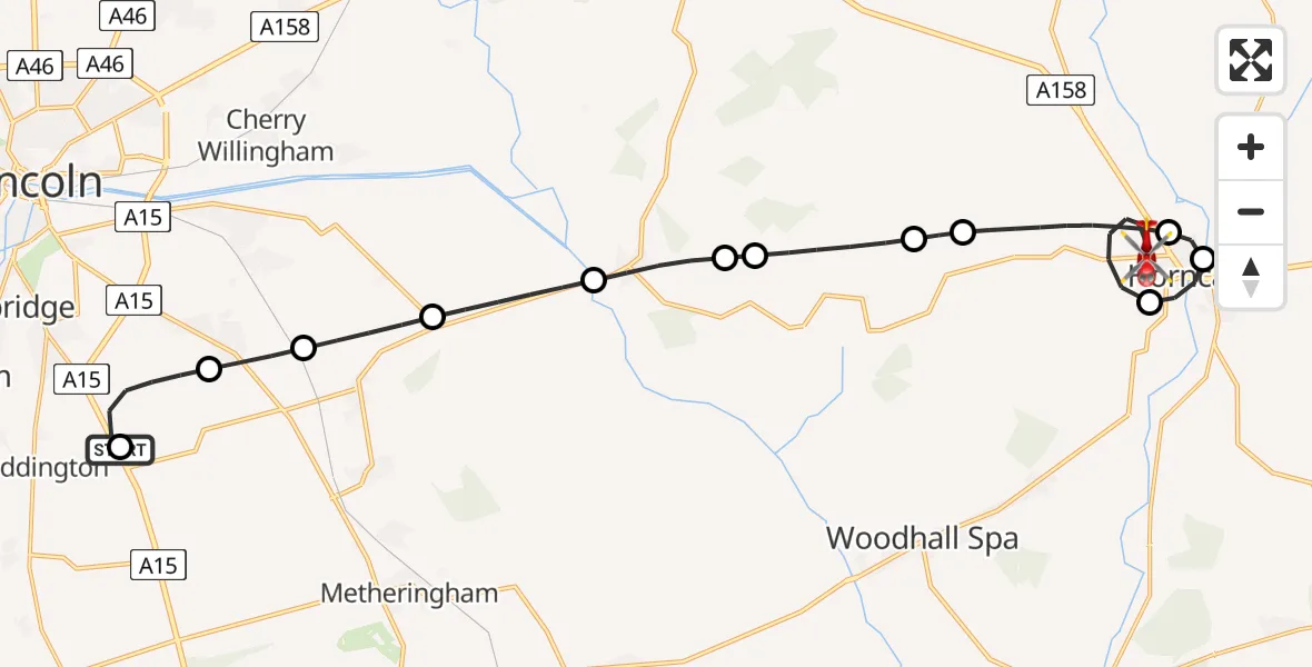 Flight route Air Ambulance Helicopter RAF Waddington - Thimbleby, 23 July 2026, 22:39