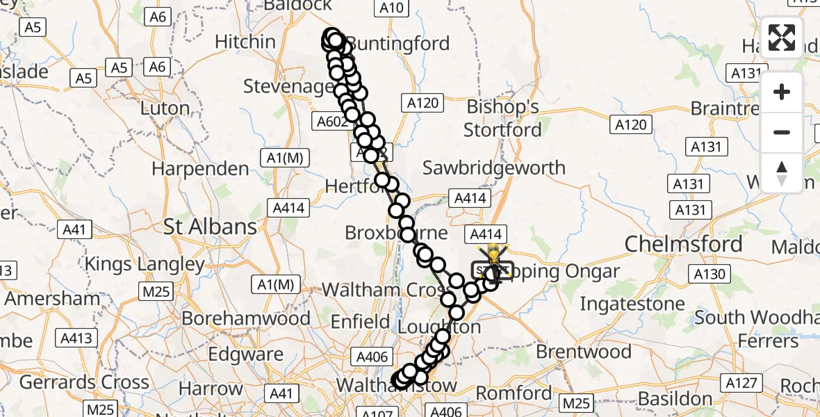Flight route Police Helicopter Coopersale - Coopersale, 23 July 2026, 22:42