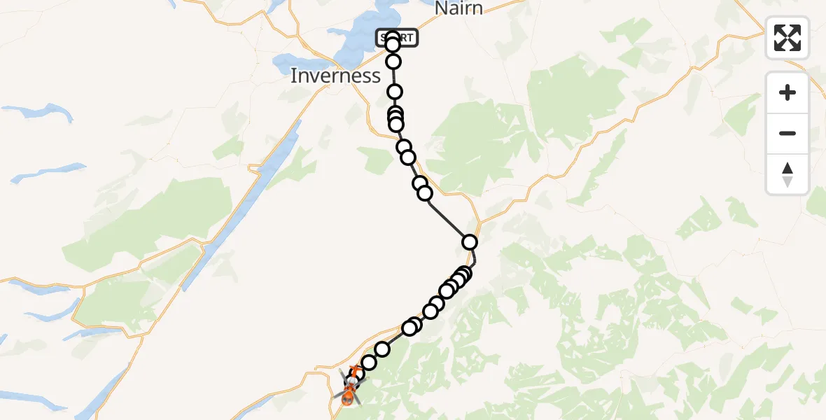 Flight route Coastguard Helicopter Inverness Airport - Cuaich, 23 July 2026, 23:09