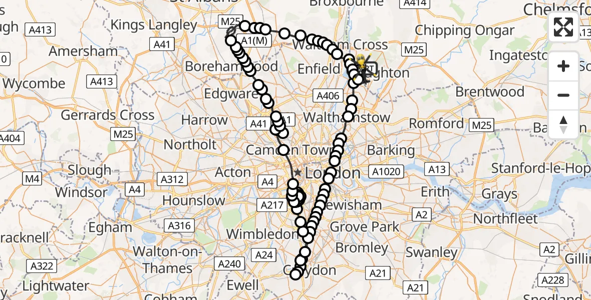 Flight route Police Helicopter Metropolitan Police Air Support Unit Lippitts Hill - Sewardstonebury, 23 July 2026, 23:14