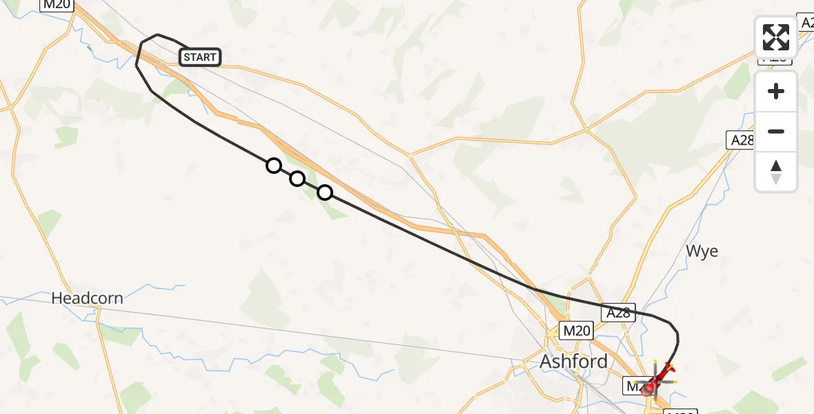Flight route Air Ambulance Helicopter Maidstone - Ashford, 23 July 2026, 23:17