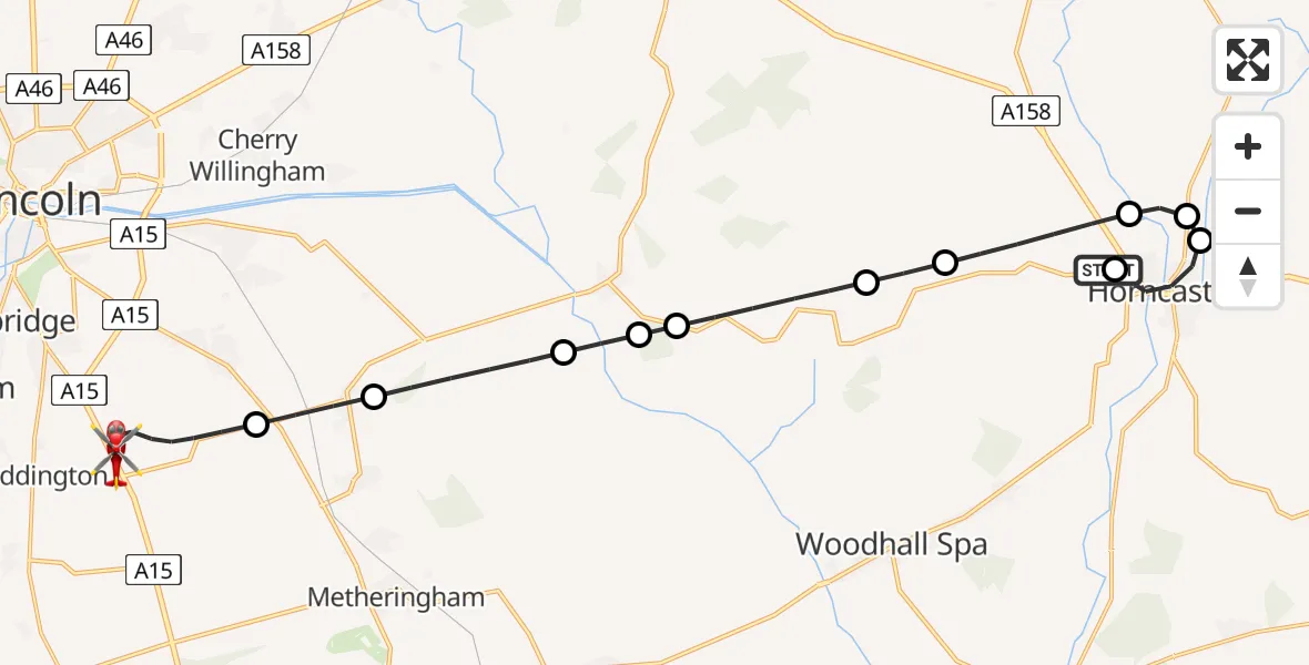 Flight route Air Ambulance Helicopter Thimbleby - North Kesteven, 23 July 2026, 23:59