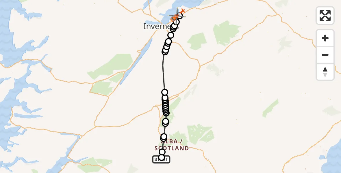 Flight route Coastguard Helicopter Kinloch Rannoch - Inverness Airport, 24 July 2026, 00:52