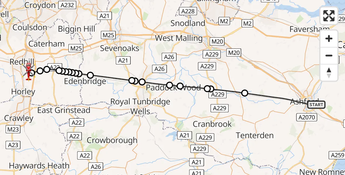 Flight route Air Ambulance Helicopter Ashford - Redhill Aerodrome, 24 July 2026, 00:55